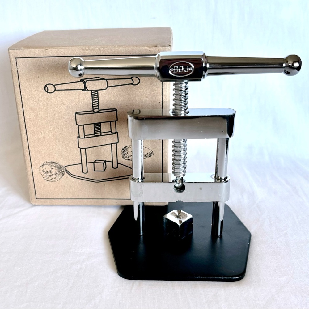 Vintage Modernist Mechanical Nutcracker BOJ Spain Metal Almond Cracker 1980s Box